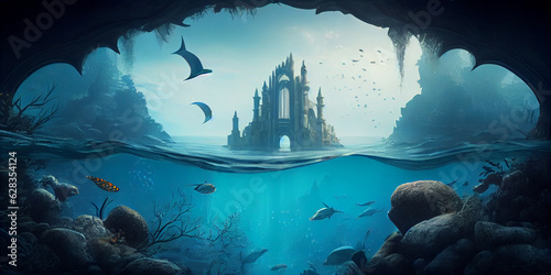 Fantasy underwater seascape with lost city and fish Ai generated image © TrendyImages