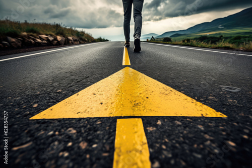 Close-up iof yellow arrow on asphalt road with the man going forward on background, motivation or success concept photo