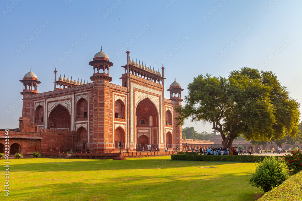 The Great Gate is the entrance building into the Taj Mahal complex in Agra, India.