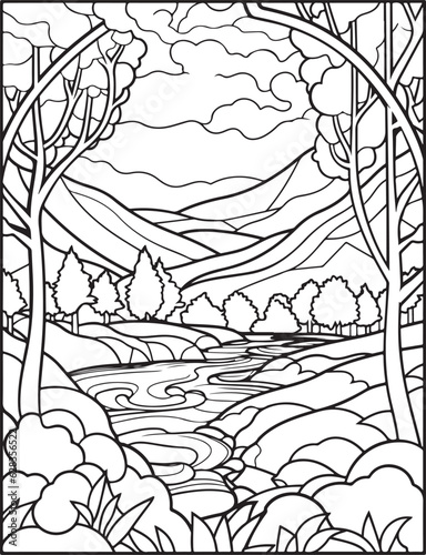 Forest landscape coloring page. Forest coloring book pages. Landscape vector black and white line art sketch drawing. Forest coloring pages for adults. Hand drawn floral background illustration.