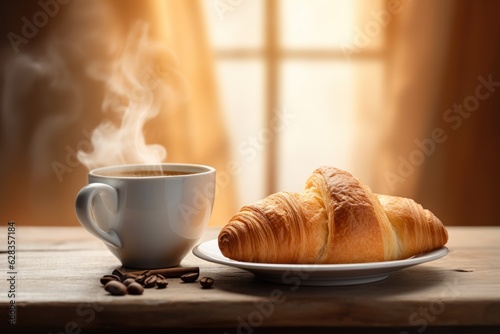 Delicious fresh croissant and steaming cup of coffee in morning near the window  Generative AI