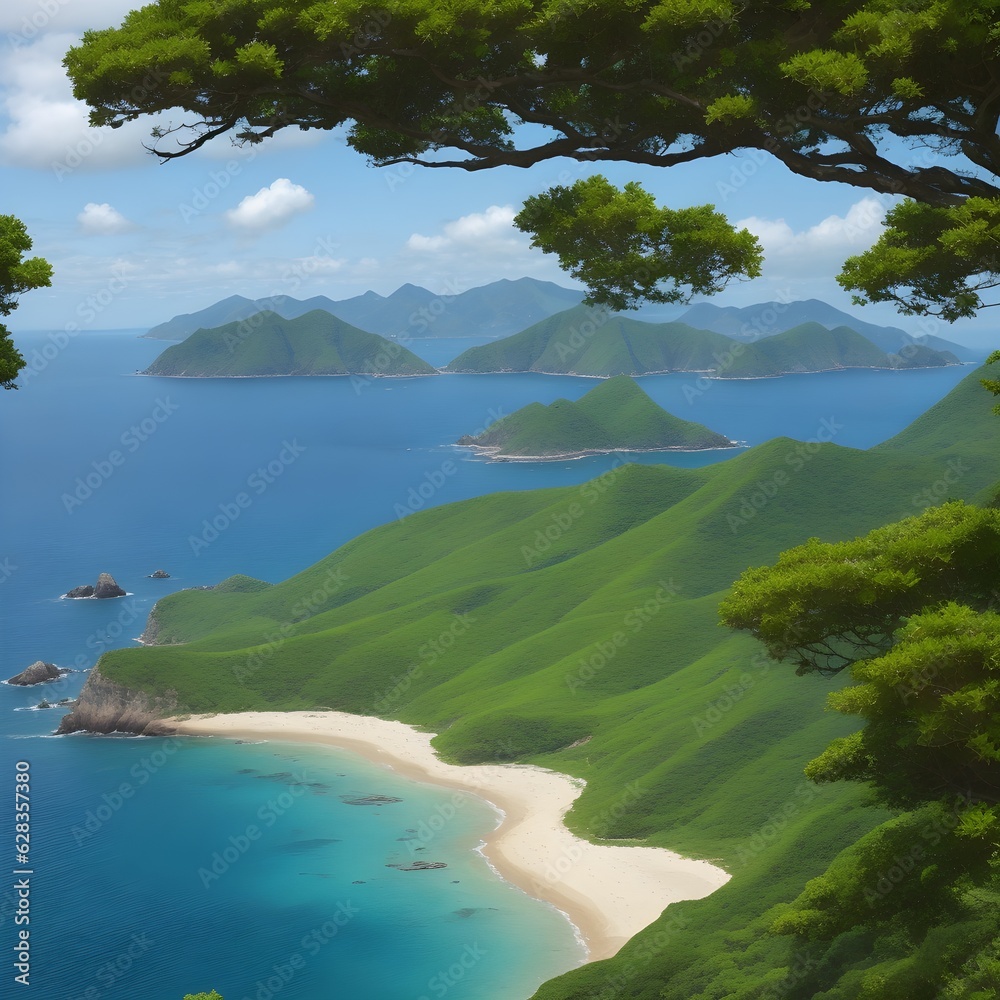 Nature's Embrace: A Picturesque Vista of Emerald Green Mountains and Azure Waters