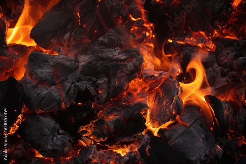 Burning coal fireplace background, close up texture, Generative AI