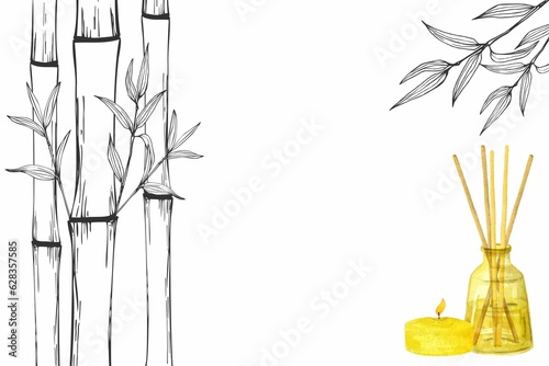 Horizontal frame banner of yellow glass jar with wooden sticks and candle. Against the background of stylized bamboo. Hand drawn illustration on white background. Template for spa and yoga design.