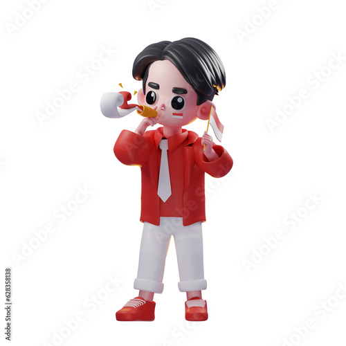 3d Character Independence day of Indonesia Blow Party Blowout While Holding Flag