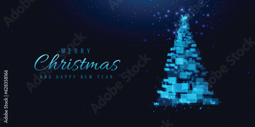 Christmas tree made of geometric shapes, lights and sparkles. Cyber Christmas or Happy New Year concept. Vector tech background.