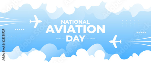 blue national aviation day banner with airplane,cloud and world map elements