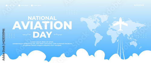 blue national aviation day banner with airplane,cloud and world map elements