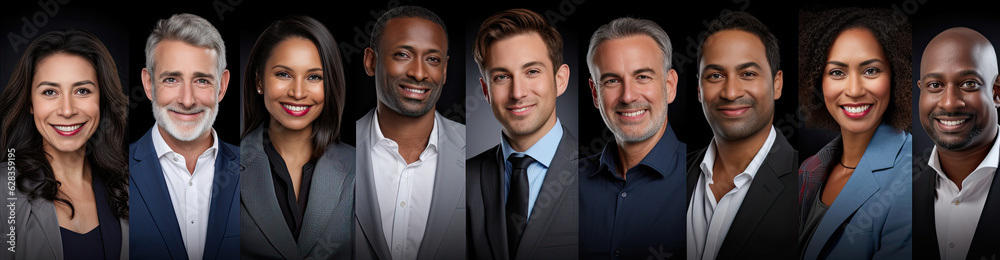 Collage of portraits of an ethnically diverse and mixed age group of focused business professionals Collage of portraits of an ethnically diverse and mixed age group of focused business professionals