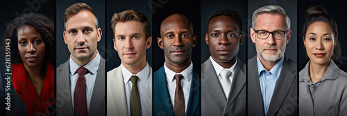 Collage of portraits of an ethnically diverse and mixed age group of focused business professionals