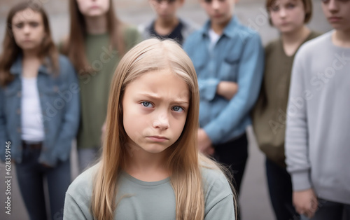 Sad child surrounded by bullies.