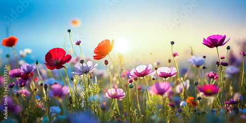 Selective focus.multicolor of fantasy popie,poppy flower and cosmos blooming with landscape meadow mountain view.nature spring background.generative ai art © Limitless Visions