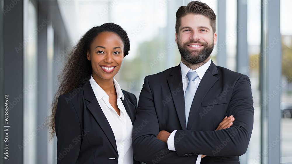 Portrait of happy multi ethnic business couple posing with arms crossed Portrait of happy multi ethnic business couple posing with arms crossed