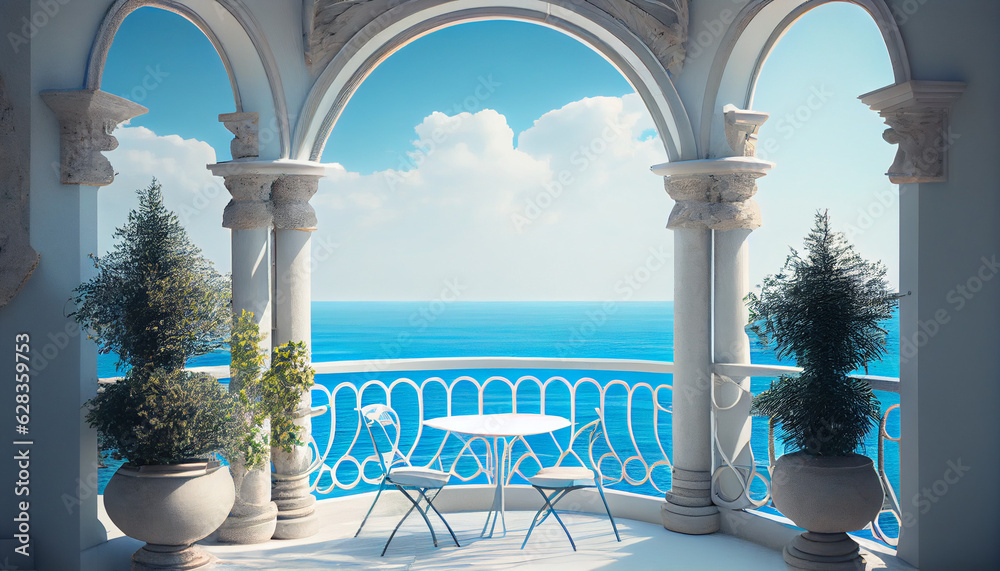 White terrace with a view of the ocean, Ai generated image