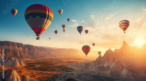 Virtual shots of many hot air balloons in Türkiye during sunrise