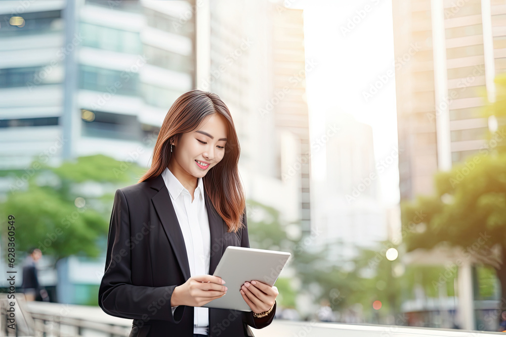 Smiling young Asian business woman leader entrepreneur, professional manager holding digital tablet computer using software applications standing on the street in big city on sky background. Smiling young Asian business woman leader entrepreneur, professional manager holding digital tablet computer using software applications standing on the street in big city on sky background.
