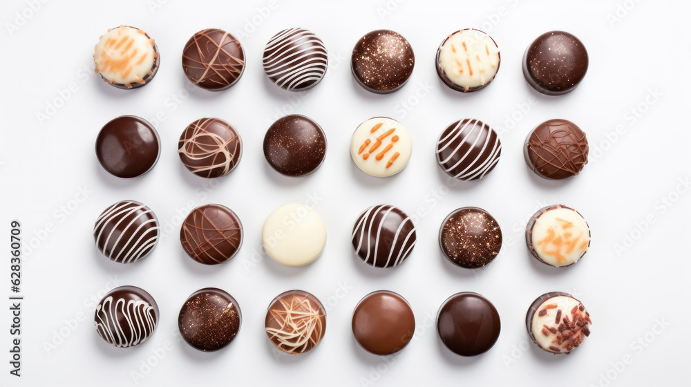 top view of various chocolate pralines isolated on white background top view of various chocolate pralines isolated on white background