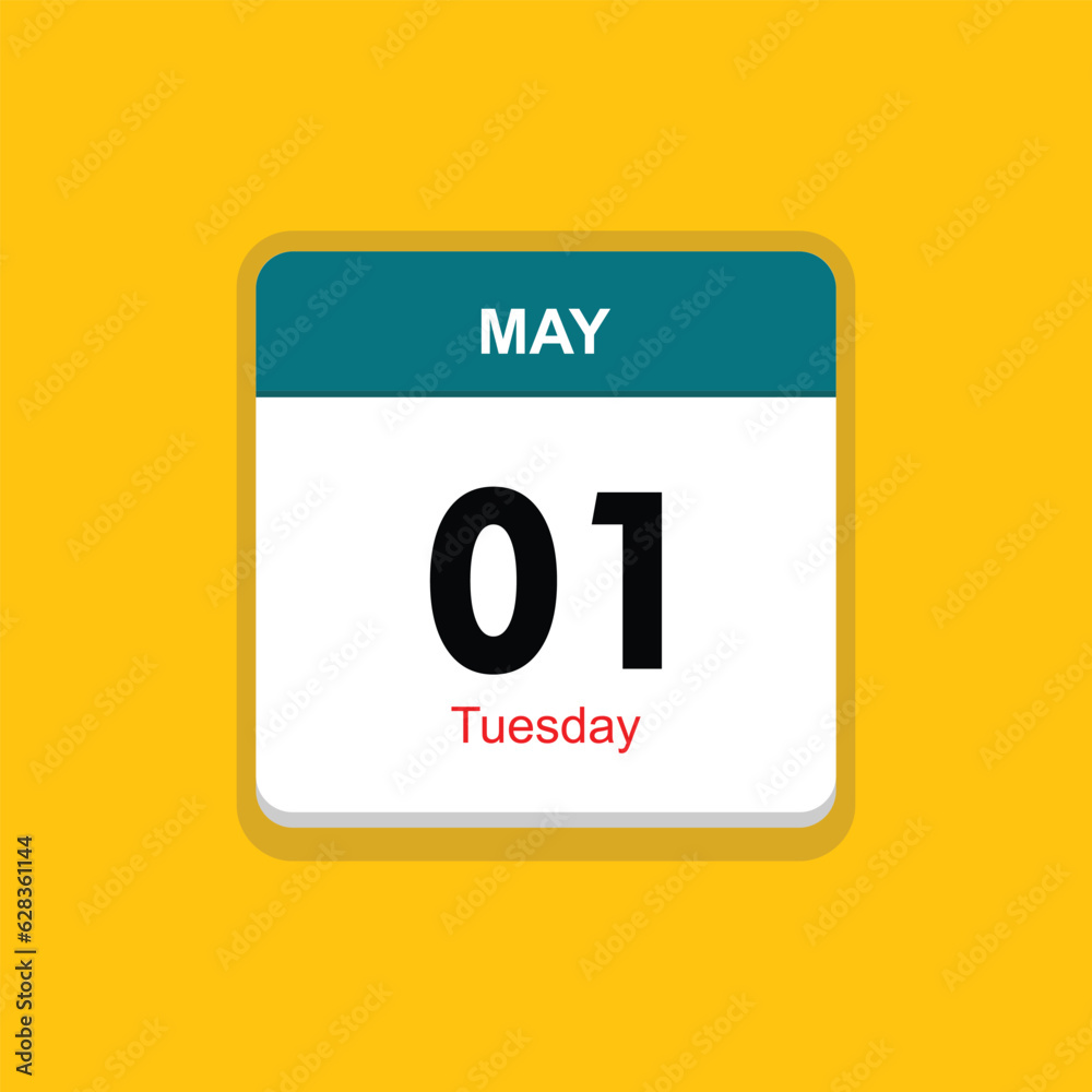 tuesday 01 may icon with yellow background, calender icon - obrazy, fototapety, plakaty 