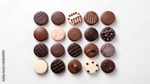 top view of various chocolate pralines isolated on white background