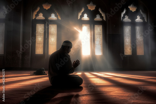 photograph of A religious muslim man praying inside the mosque telephoto lens realistic natural lighting .
