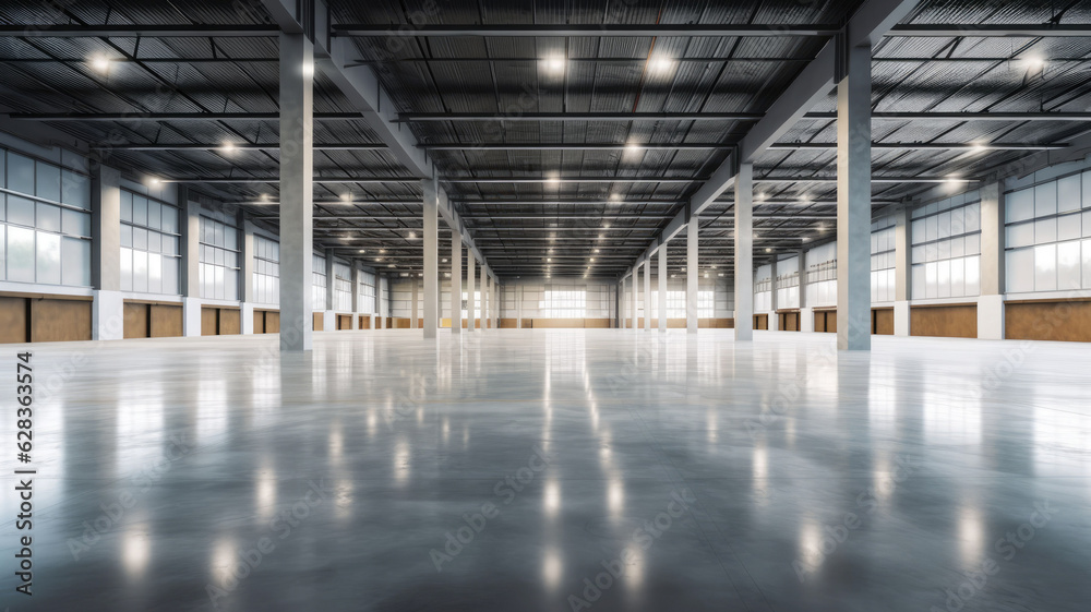 empty of modern factory for manufacturing production plant or large warehouse. Polished concrete floor clean condition and space for industry product