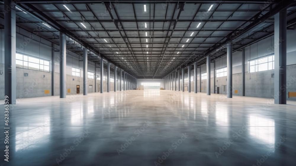 empty of modern factory for manufacturing production plant or large warehouse. Polished concrete floor clean condition and space for industry product