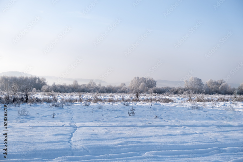 winter expanses of Siberia, white snow and road
