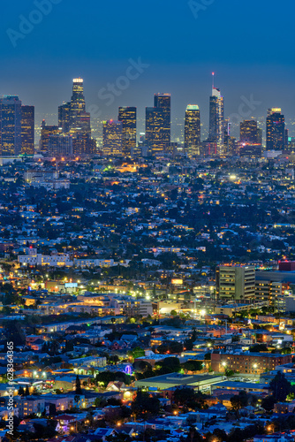 The skyline of downtown Los Angeles in California at night