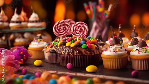 Delicious cupcakes with colorful candies and lollipops. Halloween Food