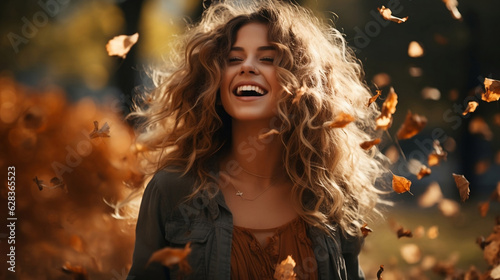 Girl under falling leaves in autumn. Generative AI
