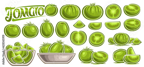 Vector Green Tomato Set, collection of cut out cartoon design vegetarian still life compositions, raw juicy oval tomatoes in glass transparent dish, set of various round veggies and green text tomato