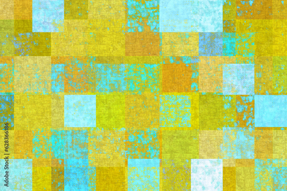 黄色と淡いターコイズブルーやエメラルドグリーンの重なり合う四角のパターンの布地のテクスチャー