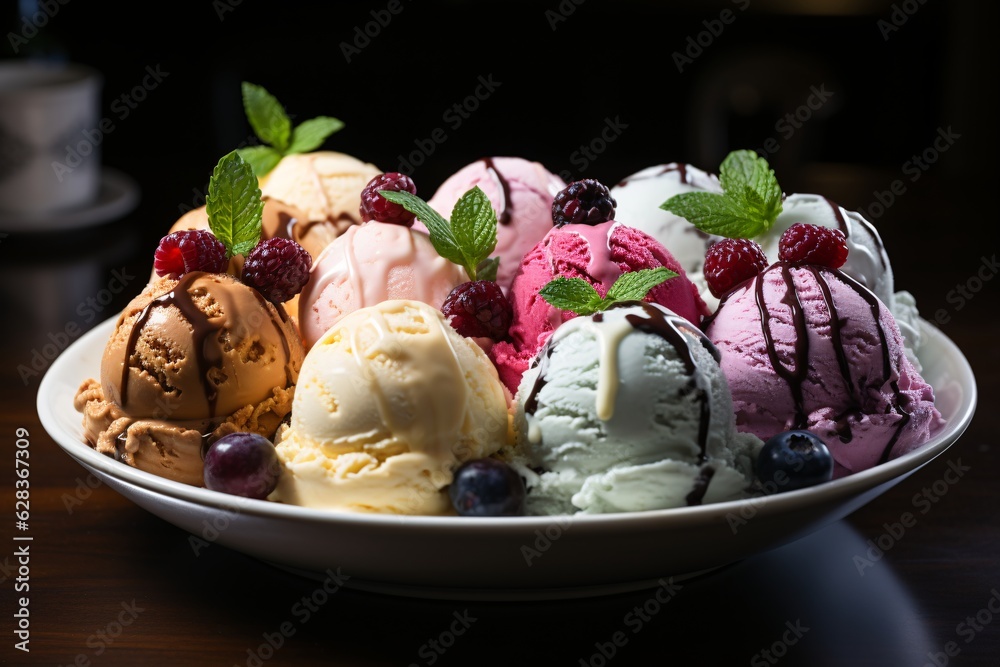 Delicious ice cream with berries. Colorful ice cream, Closeup. Selective focus. Delicious ice cream with berries. Colorful ice cream, Closeup. Selective focus.