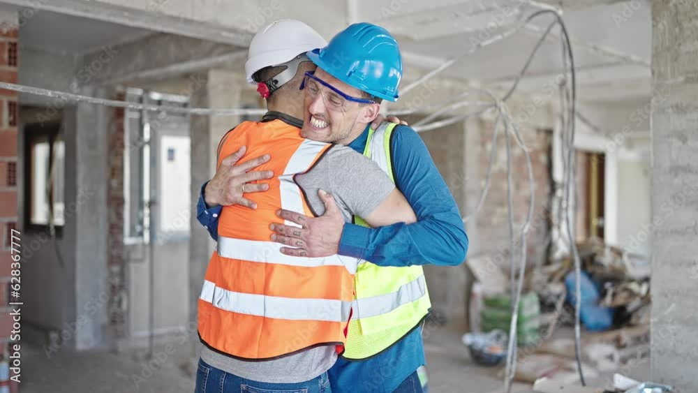 Two men builders high five hugging each other at construction site Two men builders high five hugging each other at construction site