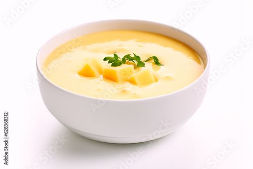 Delicious cheese soup in a bowl. Isolated photo. AI Generated