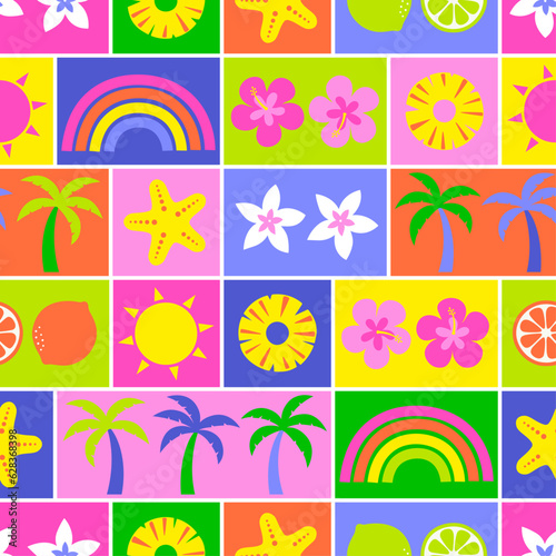 Cute colorful summer holidays elements grid styled pattern background.