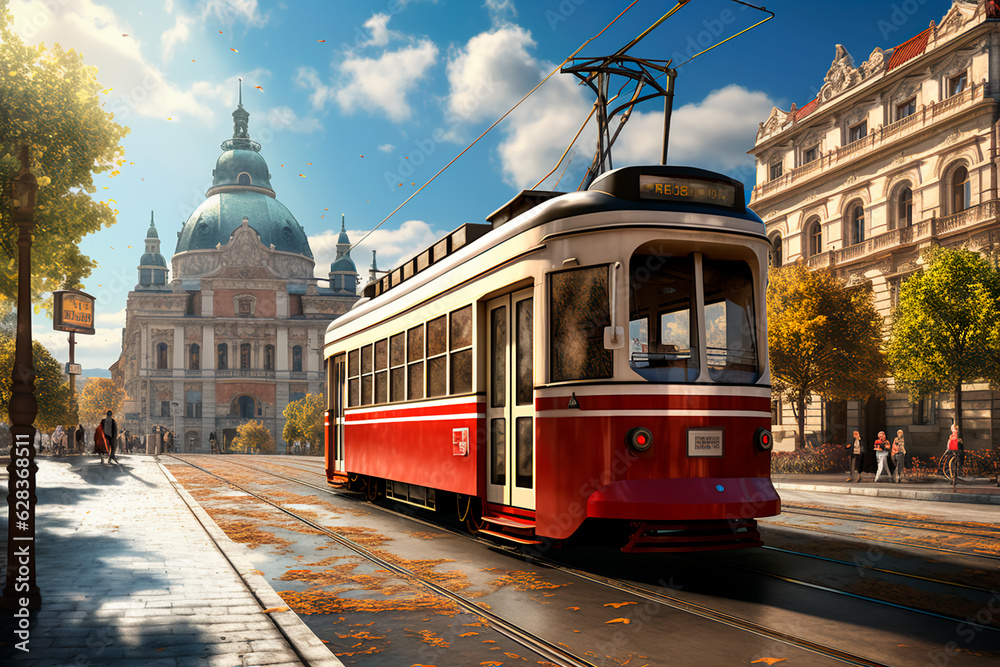 Naklejka premium Tram in the city. Pleasant autumn in the European city. AI Generated