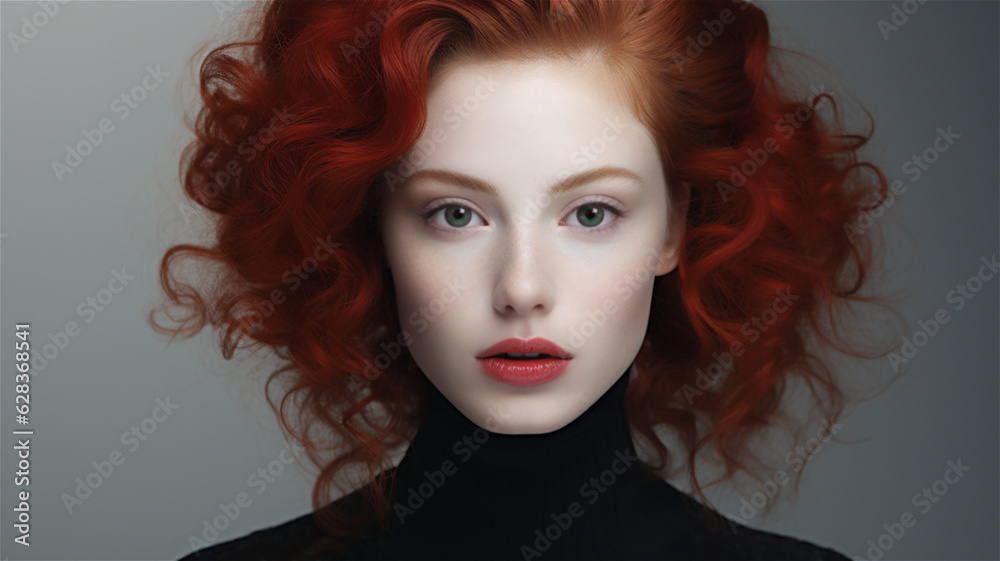 Fototapeta premium Portrait of a redhead model with curly red hair and pale skin. Fashion image showing perfect skin. Studio portrait. Closeup. 
