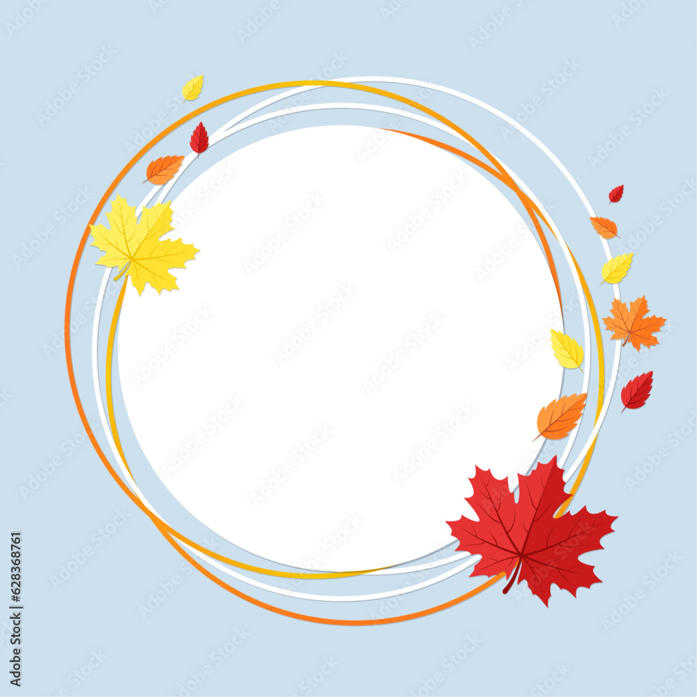 Obraz premium White frame, autumn leaves on blue background. Round vector banner with copy space. 