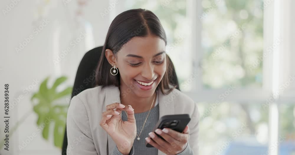 Woman, smartphone and excited in office with texting, online date and romantic web chat in workplace with smile. Secretary girl, phone and happy for contact, social media and search for love on app