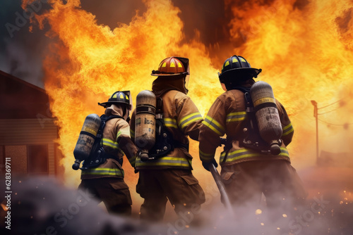 Firefighters team battle a fire house in community area. 