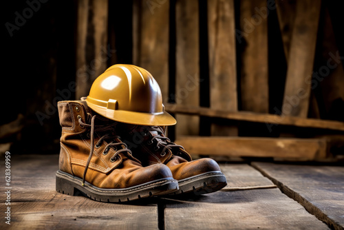 Happy Labor day concept, boots and helmet on wooden background.