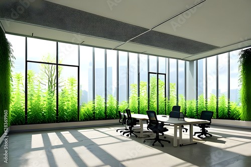Serene Nature Meets Futuristic Office: AI Art Concept Transforms Panoramic Windows into Lush Garden Scene with AI-Generated Flora, Illuminating Coexistence of Nature and Technology | Stock Photo