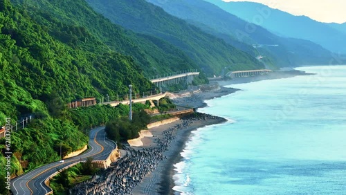 Aerial view of coastline highway at morning