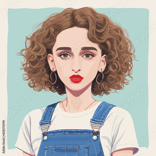 Detailed illustration of a young woman with curly brunette hair wearing dungarees