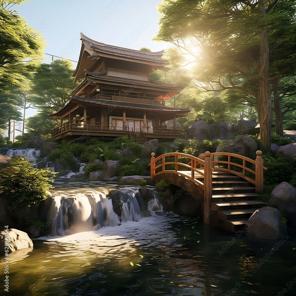 japanese garden with waterfall, A two-storey Japanese house built of wood. with a unique shape, and 
waterfall.