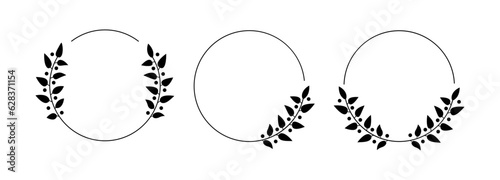 Set black silhouette of round laurel foliage depicting award, achievement, heraldry, nobility on a white background. Floral greek branch emblem flat style - stock vector.