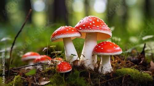  a group of mushrooms sitting on top of a forest floor. generative ai