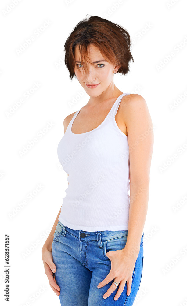 Fashion, beauty and portrait of woman with style, trendy and cool clothes isolated in a transparent or png background. Confident, natural and young female person in casual or elegant jeans outfit Fashion, beauty and portrait of woman with style, trendy and cool clothes isolated in a transparent or png background. Confident, natural and young female person in casual or elegant jeans outfit