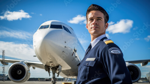 Cheerful young man airline worker smiling while standing in airfield with airplane on background